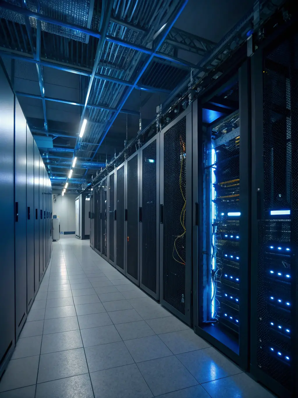 A high-resolution image of a modern data center, showcasing rows of servers, cooling systems, and advanced monitoring equipment, emphasizing the reliability and efficiency of AIBlockNet's data center management solutions.