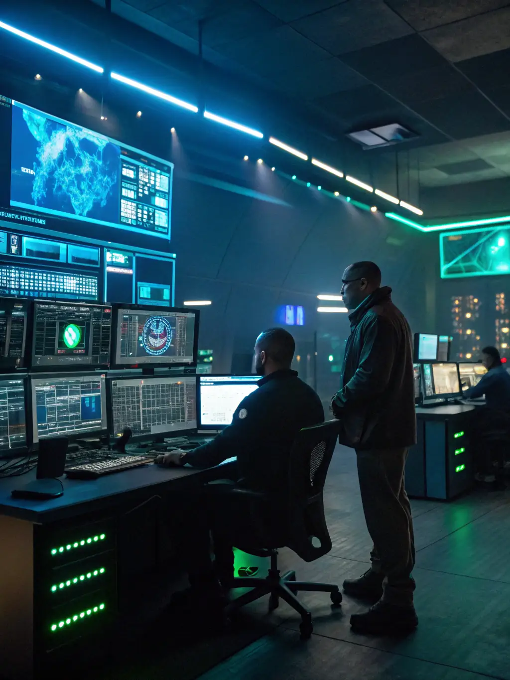 An illustration of cybersecurity experts analyzing network traffic and threat patterns on multiple screens, highlighting AIBlockNet's proactive approach to cybersecurity and data protection.