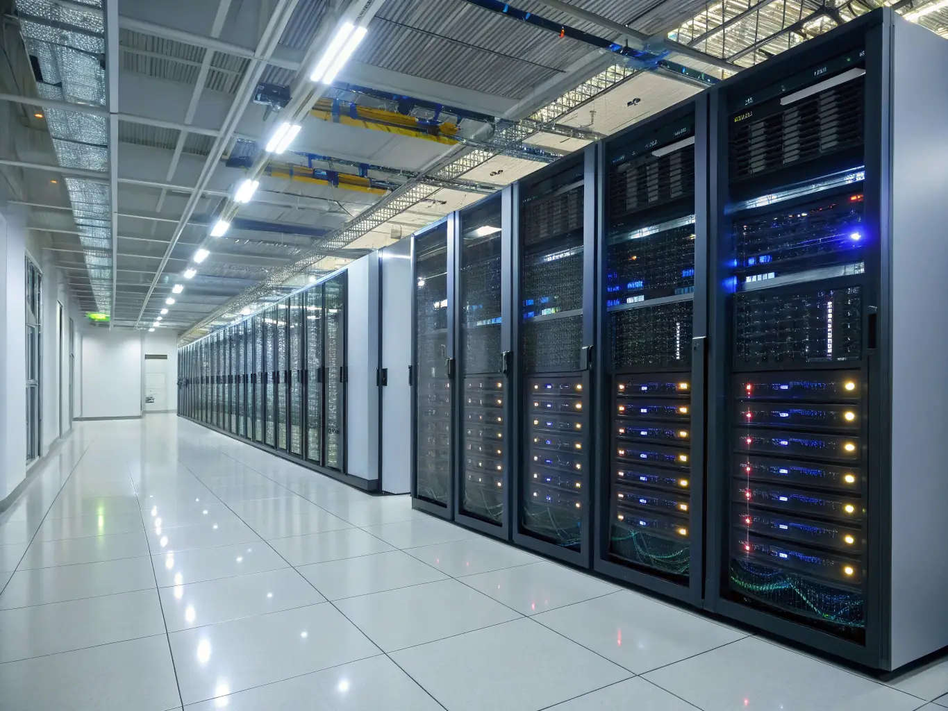 A modern data center with rows of servers, showcasing advanced cooling and power management systems, reflecting AIBlockNet's expertise in data center management.