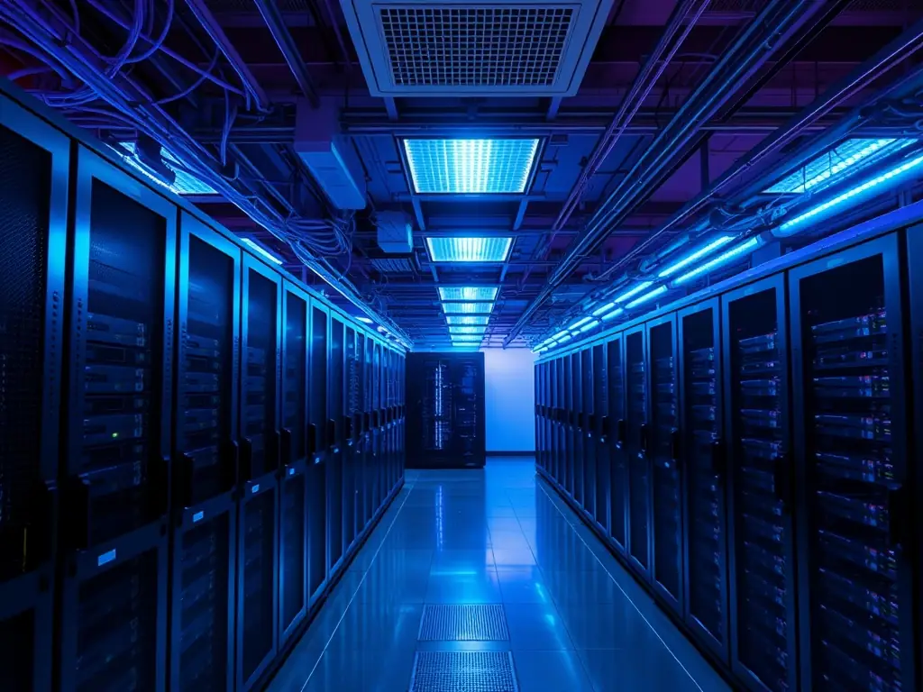 A detailed image showcasing AI algorithms analyzing network traffic in a modern data center environment, highlighting AI's role in optimizing infrastructure performance.