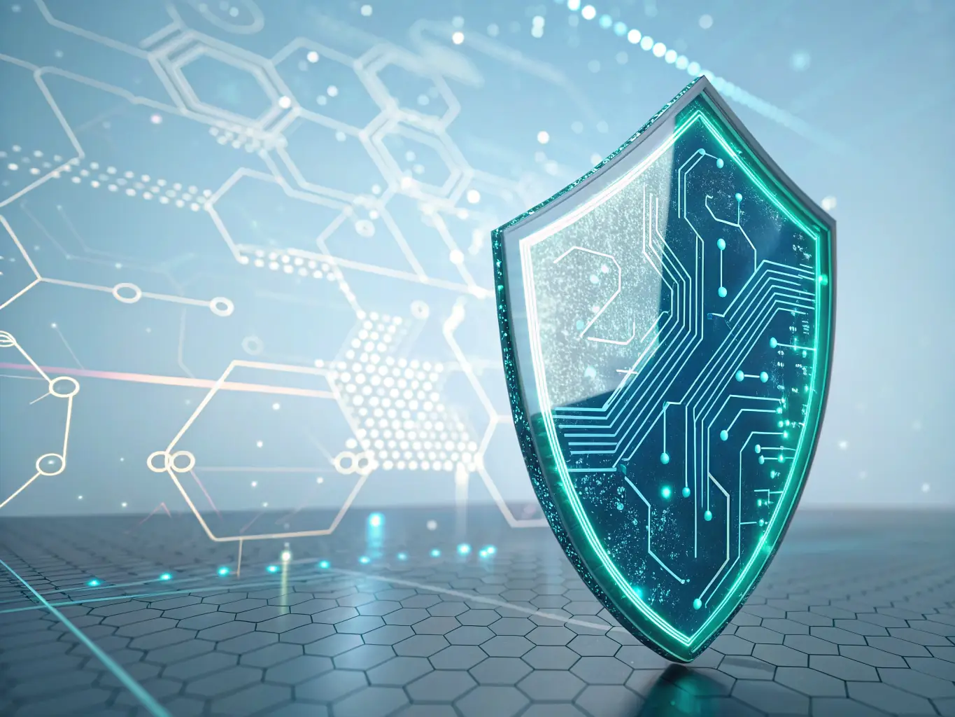 A digital shield with interconnected nodes, symbolizing cybersecurity protection and threat detection, representing AIBlockNet's commitment to securing digital assets.