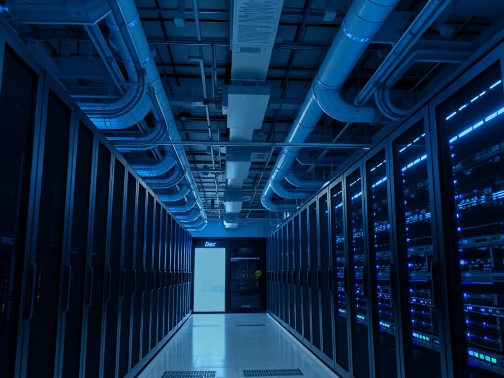 A modern, secure data center with rows of servers and advanced cooling systems, emphasizing reliability and efficiency.