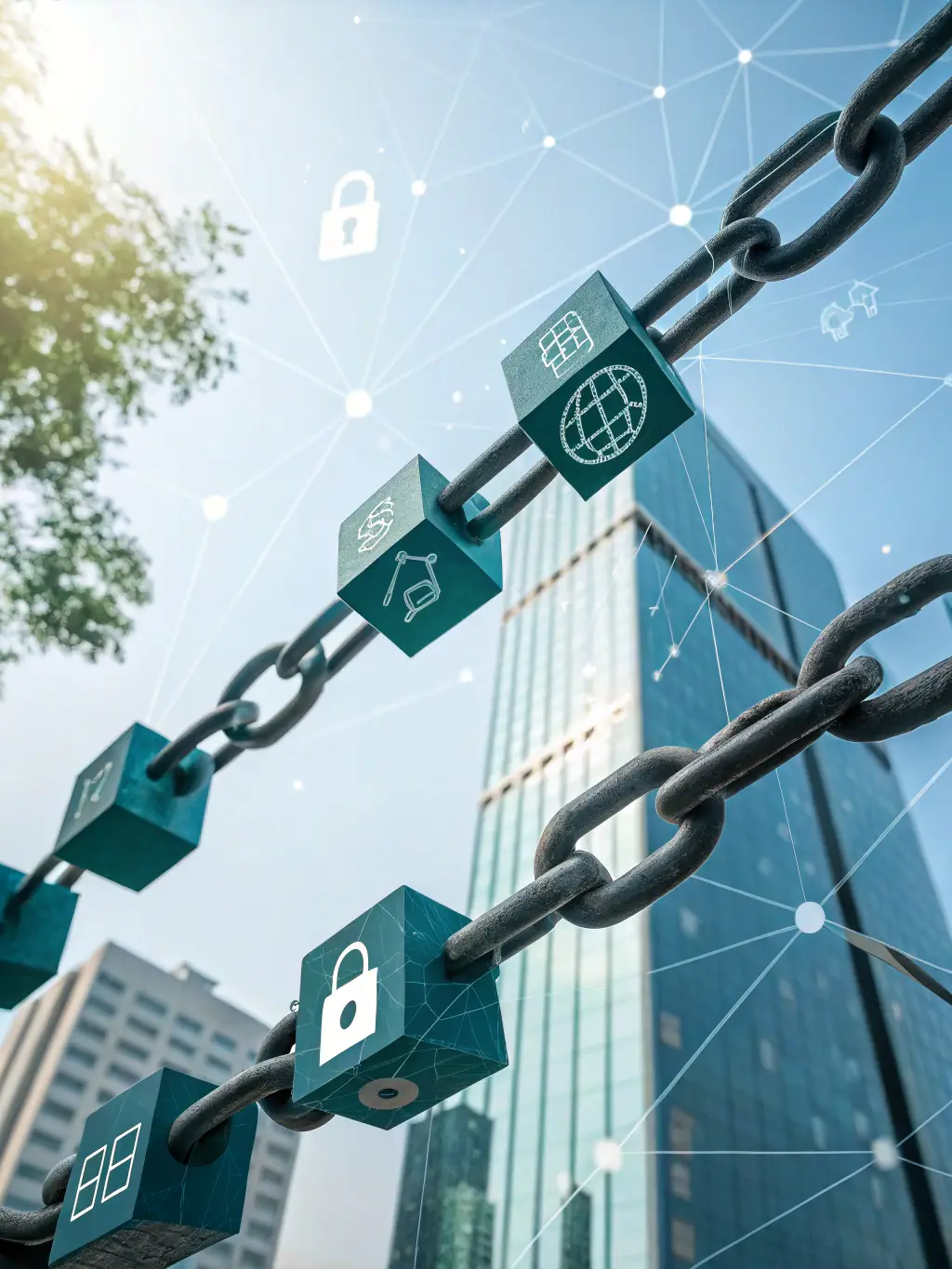 A visual representation of blockchain technology securing data transactions, showing encrypted blocks and distributed ledger.