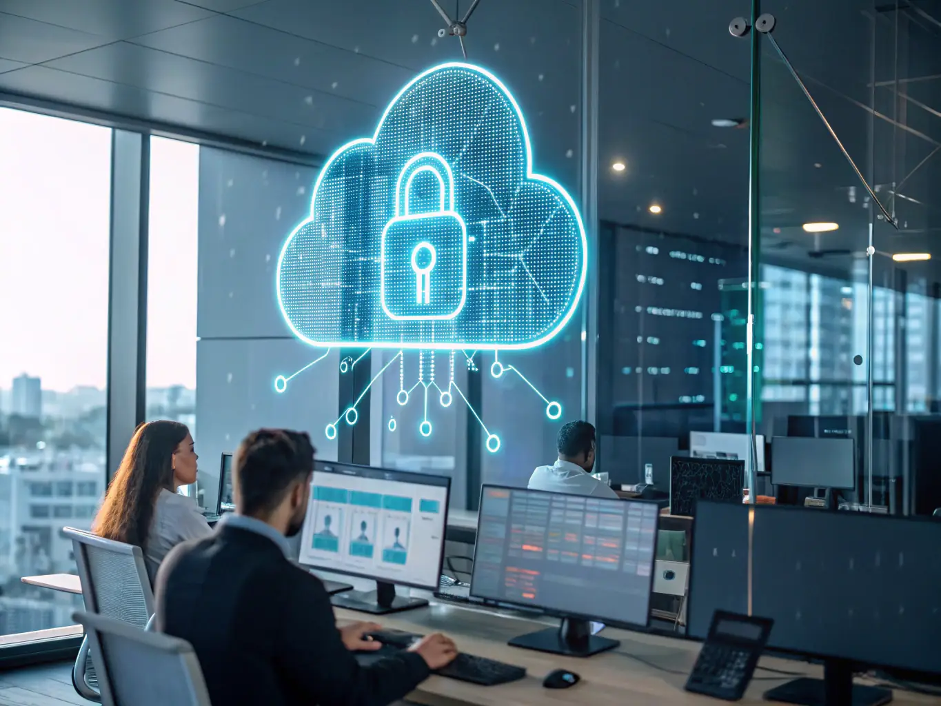 A visual representation of a secure cloud infrastructure with multiple layers of protection, illustrating the robust cybersecurity measures implemented by AIBlockNet.