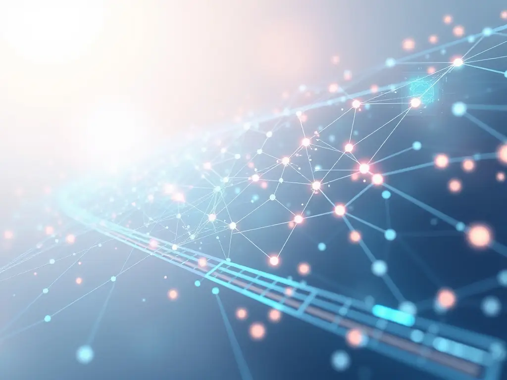 An abstract representation of blockchain technology with interconnected blocks and secure data transfer.