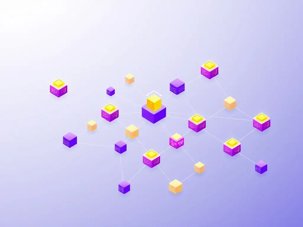An illustration of a blockchain network with interconnected nodes, emphasizing the security and transparency provided by blockchain technology in data management.