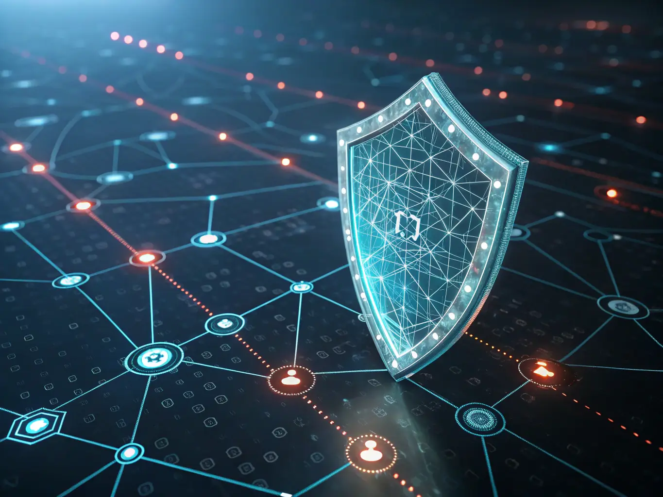 A digital shield with interconnected nodes, symbolizing advanced cybersecurity protection against various threats.